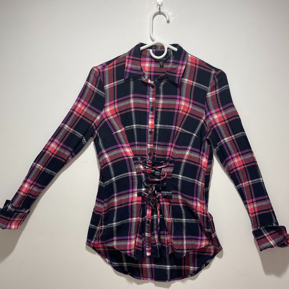 Express Flannel Long Sleeve Corset Button Down Shirt, Size XS